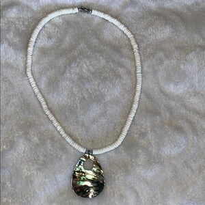 White Beaded Necklace with Abalone Teardrop Pendant